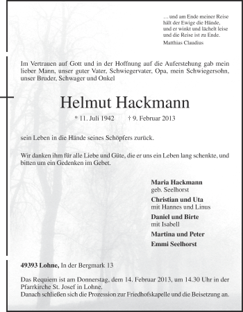 Anzeige von Helmut Hackmann von OM-Medien